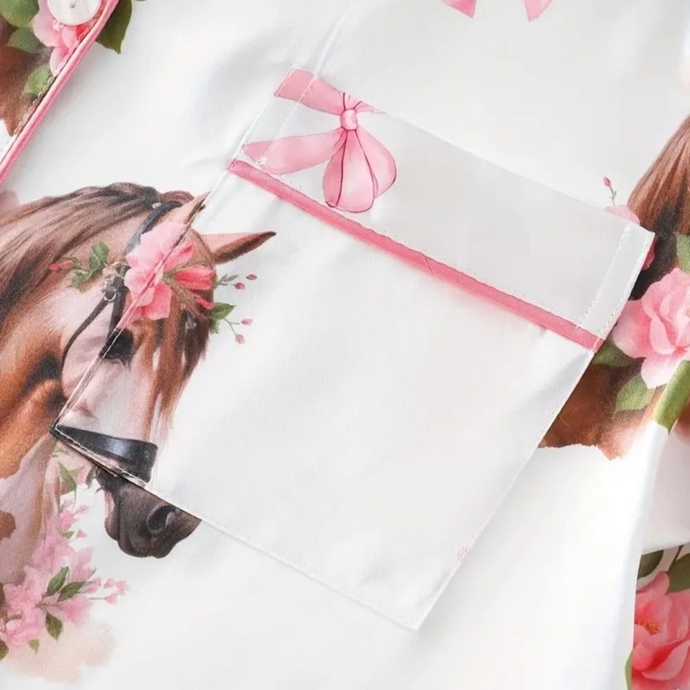 Horse Print Pajamas Set Floral Equestrian Style  Size L Pink White Satin